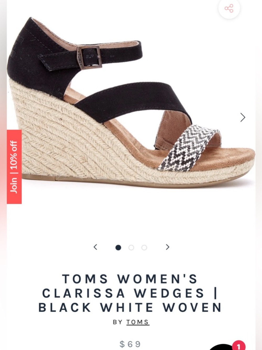 TOMS WOMEN'S CLARISSA WEDGES | BLACK WHITE WOVEN